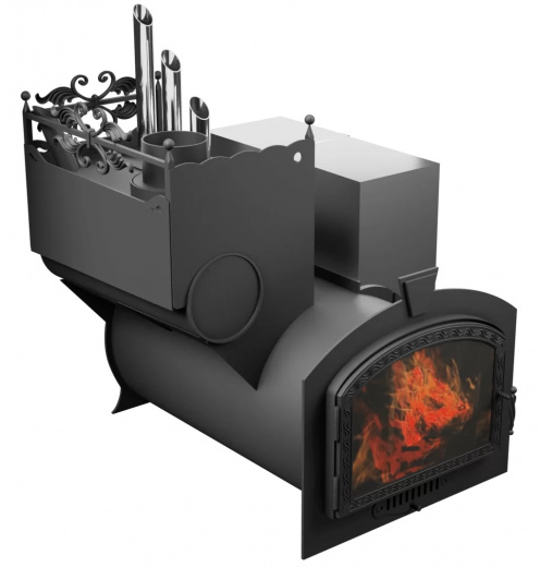 Печь Горыныч 3, каменка закрытая с парогенератором с левой стороны, большая дверь со стеклом фото в Новосибирске