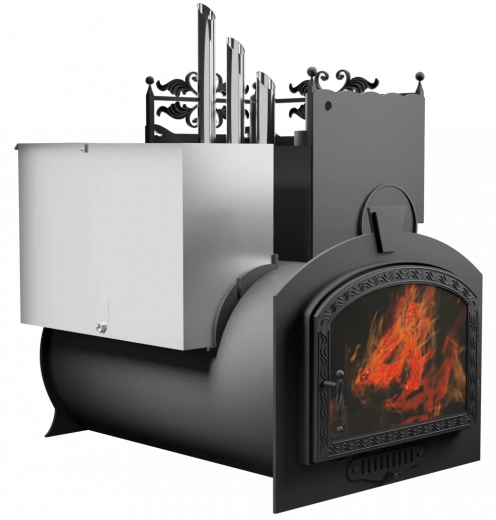 Печь Горыныч 3, каменка закрытая с парогенератором с правой стороны, большая дверь со стеклом фото в Новосибирске