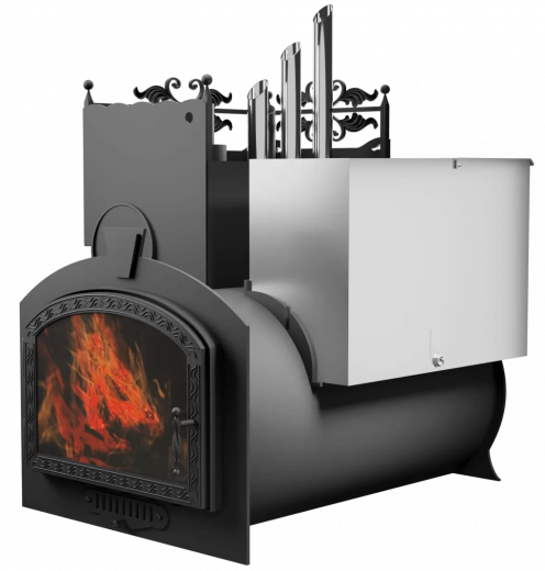 Печь Горыныч 3, каменка закрытая с парогенератором с левой стороны, большая дверь со стеклом фото в Новосибирске