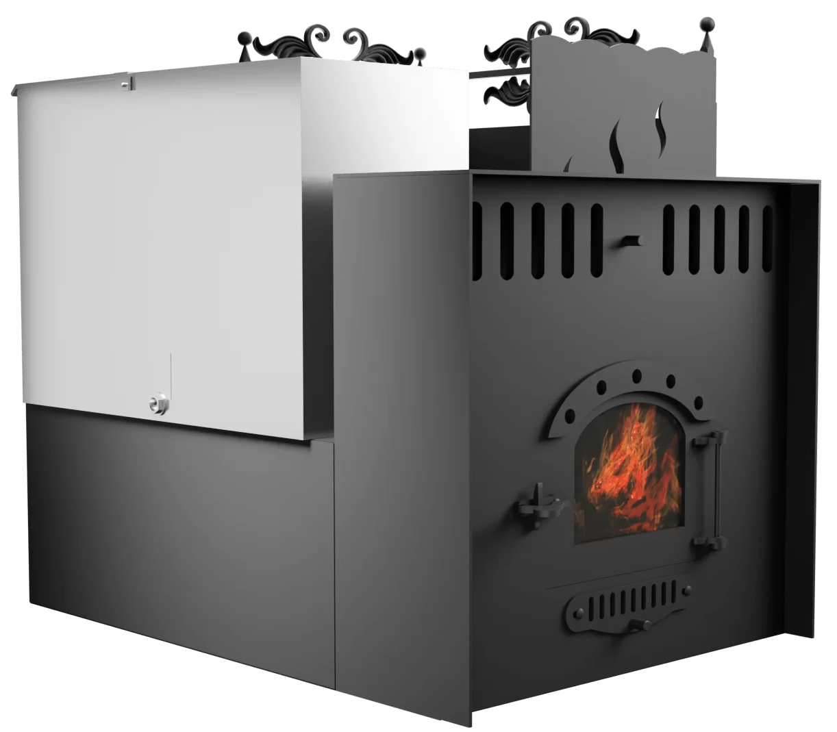 Печь Горыныч 3, каменка с правой стороны, малая дверь со стеклом, система воздушного отопления с порталом фото в Новосибирске Печь Горыныч 3, каменка с правой стороны, малая дверь со стеклом, система воздушного отопления с порталом фото в Новосибирске