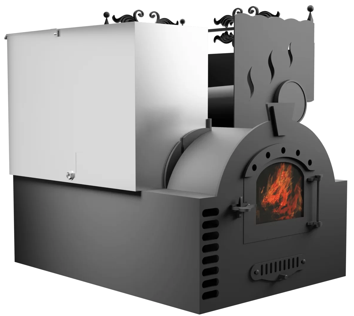 Печь Горыныч 3, каменка с правой стороны, малая дверь со стеклом, система воздушного отопления фото в Новосибирске Печь Горыныч 3, каменка с правой стороны, малая дверь со стеклом, система воздушного отопления фото в Новосибирске