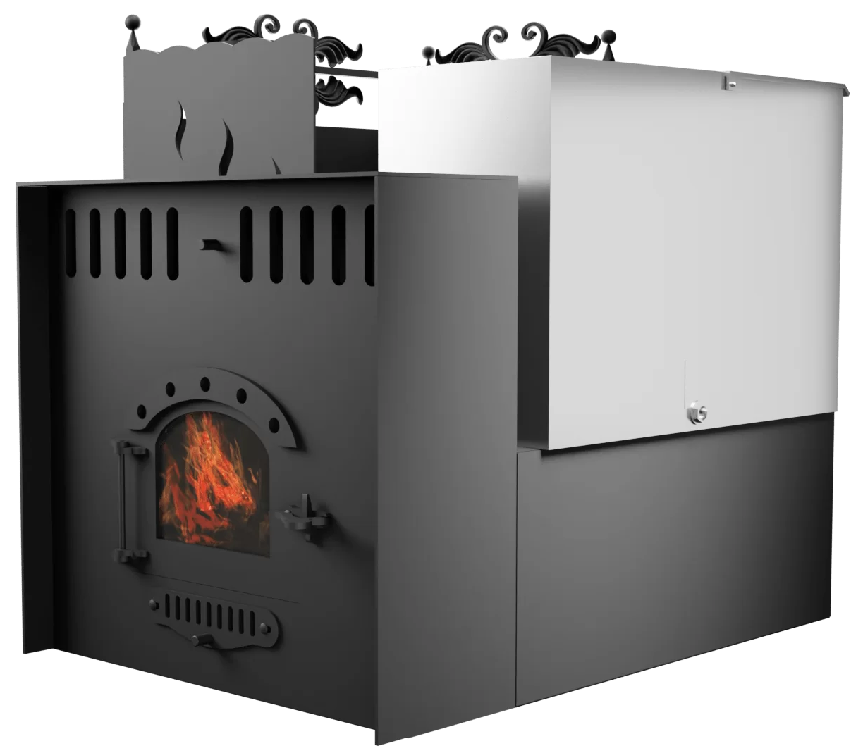 Печь Горыныч 3, каменка с левой стороны, малая дверь со стеклом, система воздушного отопления с порталом фото в Новосибирске Печь Горыныч 3, каменка с левой стороны, малая дверь со стеклом, система воздушного отопления с порталом фото в Новосибирске